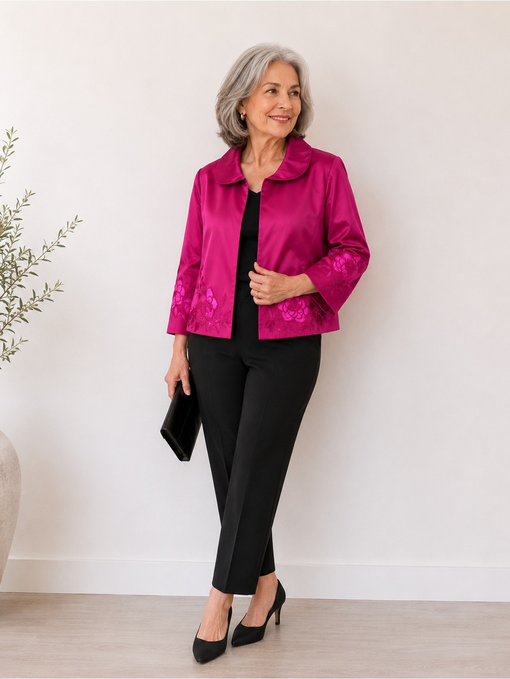 Chico's Vibrant Fuchsia Floral-Embroidered Jacket Size S